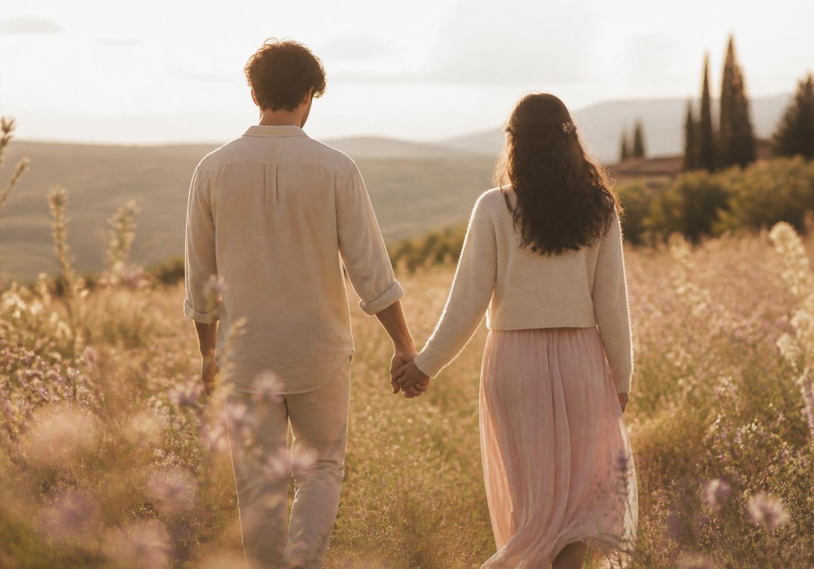 A hopeful couple walking together in a sunlit meadow